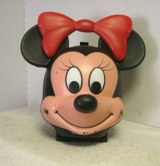Vintage Walt Disney Minnie Mouse Head Aladdin Plastic Lunch Box With Thermos