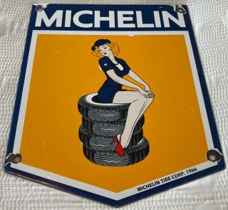 Vintage Michelin Tires Pin Up Girl Porcelain Sign,  Service Station,  Bibendum