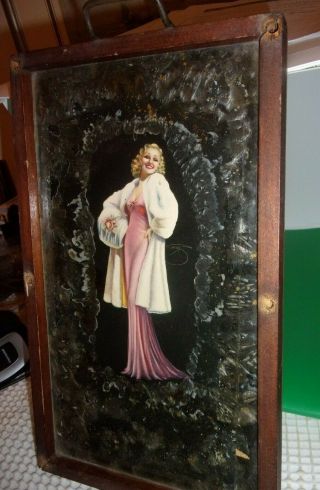 Wood Serving Tray With Metal Handles With Jean Harlow Picture Under Glass
