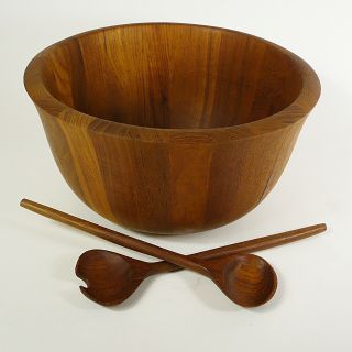 Large Vtg Dansk Designs Ihq Wood Salad Bowl & Serving Utensils,  Mid Century Mod