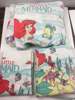 Vtg 90s Disney Little Mermaid Sheet Set Twin 3 Pc Flat Fitted Pillow Ariel