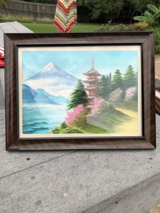 Vintage Japanese Silk Embroidery Picture Mt Fuji Japan Cherry Blossom Stunning