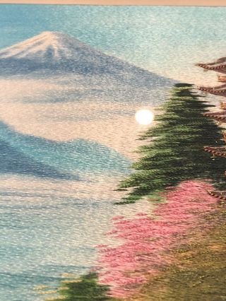 Vintage Japanese Silk Embroidery Picture Mt Fuji Japan Cherry Blossom Stunning 3