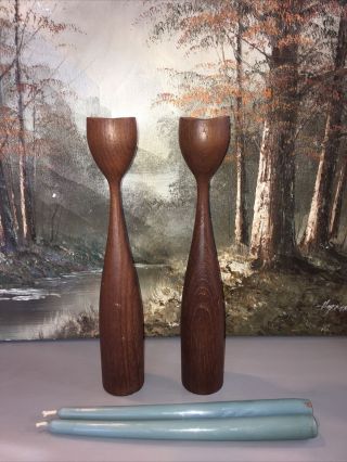 Vintage Atomic Retro Mid - Century Danish Modern Wood Teak Candle Holders