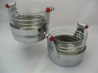 Pair Vintage Art Deco Ice Buckets,  Red Bakelite Handles Chrome & Glass
