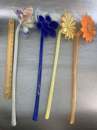 Murano Italy Set Of 4 Large 20” Vintage Hand Made Colored Glass Flower Bouquet 3