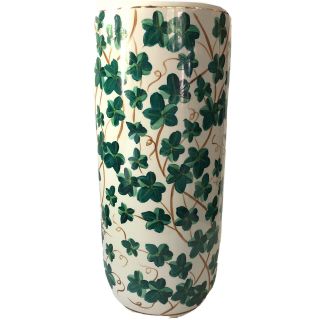 Vtg Ceramic Umbrella Stand Floor Vase Green Ivy Hand Painted Signed 18 "
