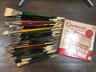 35 Vtg Grumbacher Artist Paint Brushes Many Sizes,  Unused/used Brushes W Colors