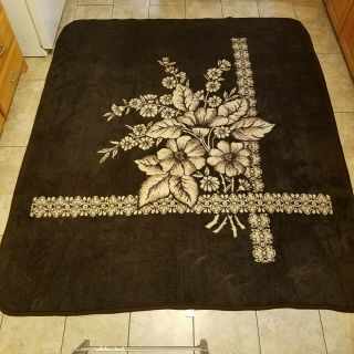 San Marcos Vintage Blanket Made In Mexico Brown Tan Floral Cross Huge 90 X 76