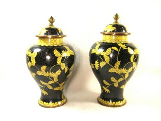Vintage Chinese C.  1950 Set Of Two (2) Cloisonne Enamel Copper Lidded Vases Peony