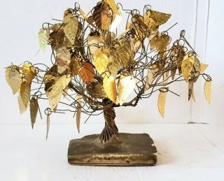 Vintage Mid Century Gold Brass Wire Metal Art Copper Leaf Tree Sculpture