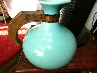 Vintage Gladding Mcbean Pottery Turquoise Carafe Pitcher With Wood Handle