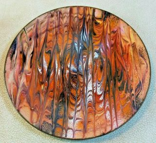 Ooak Modernist Enamel Paint On Metal Plate Orange Black White Abstract 8 " Dia.