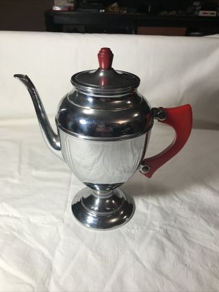 Vintage 1940’s Art Deco Chrome Tea/coffee Pot With Red Bakelite Handles Vguc
