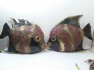 Exceptional Vintage Mcm Brutalist Pair Mixed Metal Large Fish Wall Sculptures