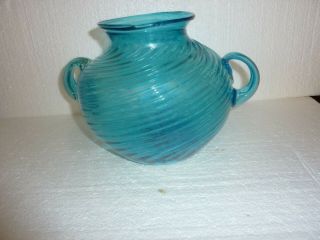 Vintage Mid Century Hand Blown Blue Glass Double Handle Large Bowl Vase