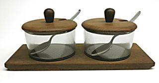 Teak Danish Mid - Century Modern Serving Set Tray Condiment Jars Spoons Denmark
