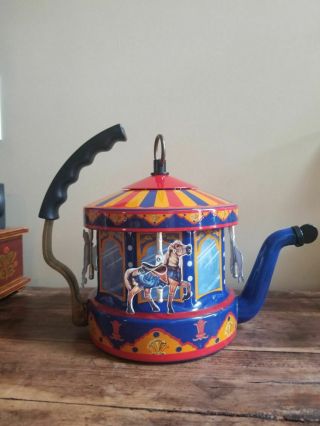 Vintage Kamenstein World Of Motion Carousel Teapot Kettle Merry Go Round Enamel