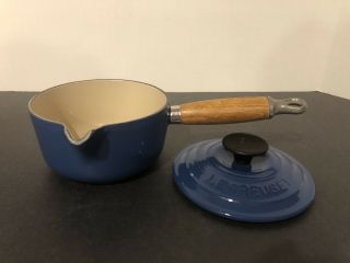 Blue Vintage Le Creuset 14 Cast Iron Sauce Pan With Lid & Spout Wood Handle Euc