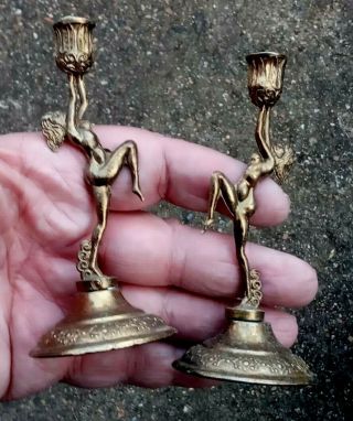 Small 1930s Art Deco Nude Lady Metal Candlesticks