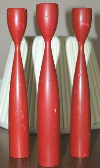 Mid Century Danish Modern Wood Red Candle Holders Made In Denmark