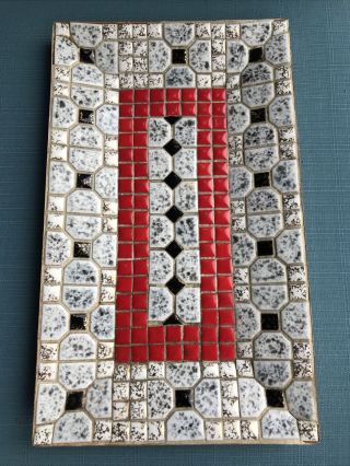 Vtg Mid Century Modern Black White Red Gold Ceramic Mosaic Tray 50 