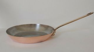 Vintage French Copper Skillet Pan 9” W Brass Handle Tin Lined Heavy
