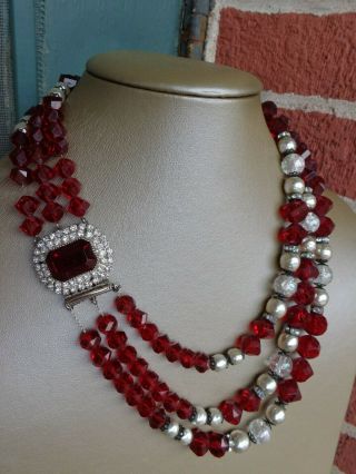 Vtg Signed Hobe Ruby Red Rhinestone Crystal Faux Pearls 3 Strand Beads Necklace