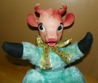 Vtg Plush Borden Elsie The Cow,  Stuffed Doll Rubber Face Blue Teal / Green Guc