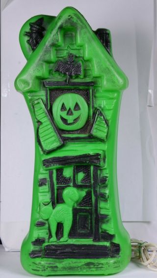 Vintage 16 " Halloween Blow Mold Green Haunted House Cat & Jack O Lantern