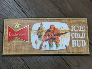 Vintage Budweiser Beer Sign Hunting Ice Cold Bud Bar Ducks Plastic Sign 15 " X7 "