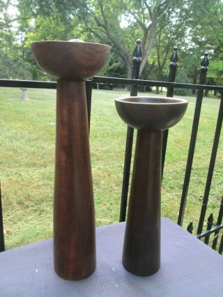 Vintage Modern Wood Candle Holders Mcm Hand Turned For Ball Candle 14 " Tall Set
