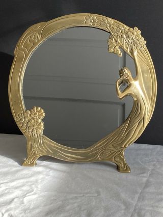 Vtg Solid Brass Art Deco Table Top Vanity Mirror Lady Nymph Art Nouveau Style