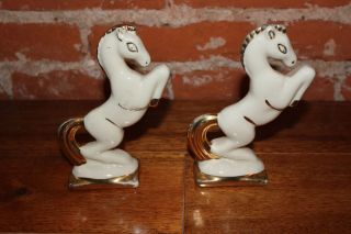 Art Deco Ceramic Horse Figures Rearing Horses 6 1/2 " Tall White & Gold Vintage