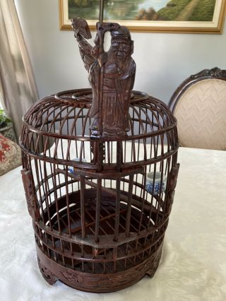 Vintage Bamboo Bird Cage With 2 Porceilian Bowls