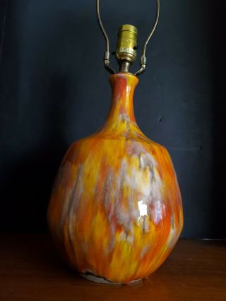 Vtg.  Mid Century Modern Ceramic Orange Yellow Grey Drip Glaze Table Lamp