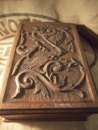 Antique Arts And Crafts Oak Box,  Vintage,  With Carved Fish,  Hinged Lid