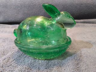Green Glass Bunny Rabbit On Nest Candy Trinket Dish