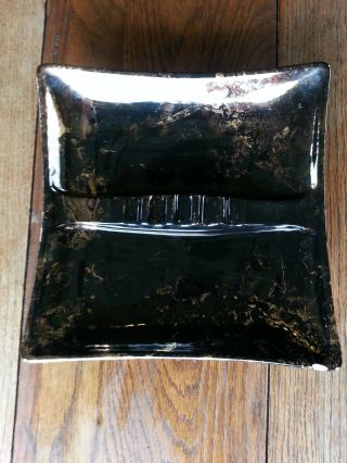 Funky Vintage Mid Century Black & Gold Square Ceramic Ashtray - - Has A Chip