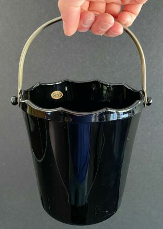 Vintage Cambridge " Decagon " Black Glass Art Deco Ice Bucket W/handle -
