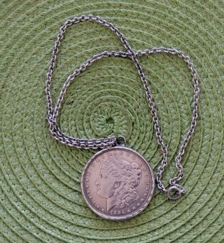 Vintage 1884 Morgan Silver Dollar Coin Necklace Pendant; Silver Bezel And Chain