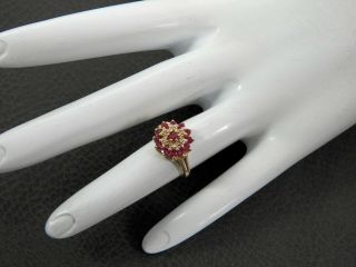 Vintage Cluster Cocktail Ruby Diamond Signed Solid 10k Yellow Gold Children 