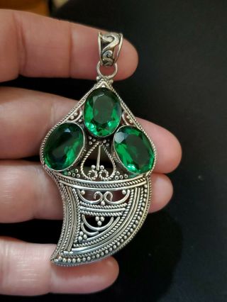 Vintage Filigree Middle Eastern Sterling Silver Pendant With Green Stones