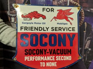 Old Vintage 1941 Socony - Vacuum Friendly Service Porcelain Gas Station Pump Sign