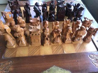 Vintage Asian Chess Board Set Hand Carved Wood Chest Ornate Artwork Dragons Art