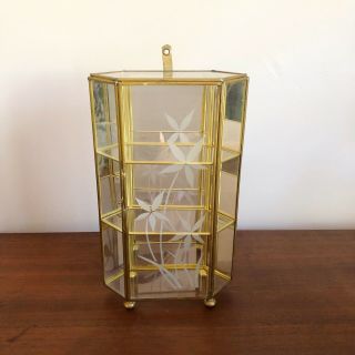 Vintage Brass Curio Glass Mirrored Table Top Cabinet Display Case 10” Tall