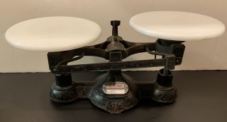Antique Ohaus Beam Balance Scale Cast Iron And Porcelain,  Weights