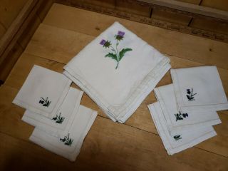 Vintage Hand Embroidered Scottish Linen Tablecloth Tea Cloth W/6 Napkins Thistle