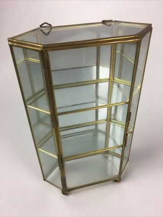 Vtg Brass Curio Glass Shelves Pentagon Mirror Table Top Cabinet Display Case Smc