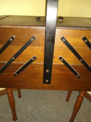 Vintage Accordion Sewing Box Dark Wood Handle 27.  5 " Tall 19 3/4 " Wide Organize